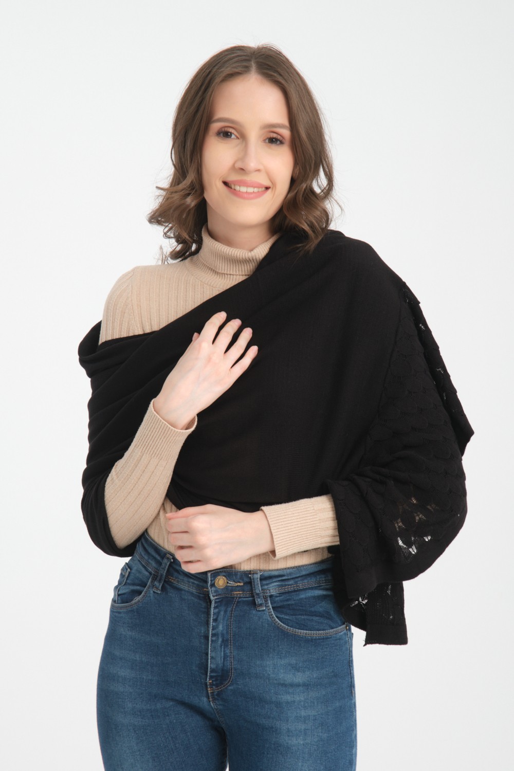 Wega Moda Tek Renk Ajur Desenli Omuz Şalı, Kenarı Ajur Desenli Şık Rahat Omuz Şalı, Triko Omuz Şalı, Kadın Şal görsel 4
