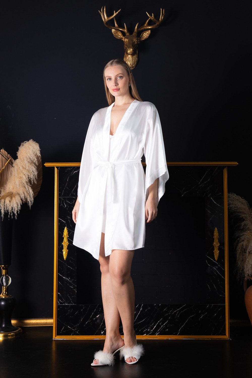Lunoche Nightwear Kadın Güpür Dantel ve Sırt Detaylı Saten Çeyizlik Ikili Gecelik Sabahlık Takımı görsel 2