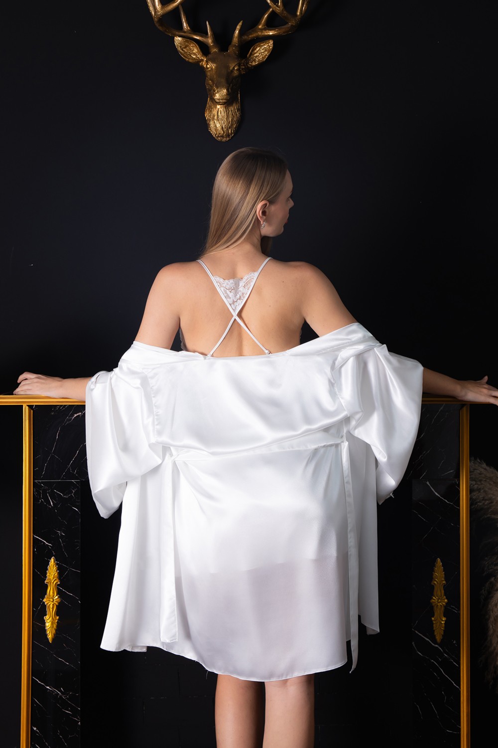 Lunoche Nightwear Kadın Güpür Dantel ve Sırt Detaylı Saten Çeyizlik Ikili Gecelik Sabahlık Takımı görsel 4