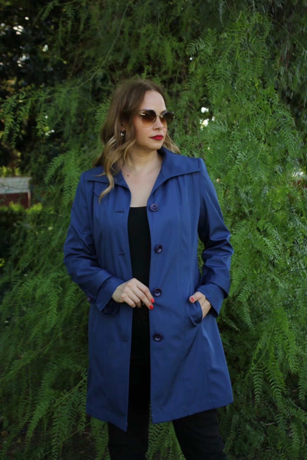Moda Berray 1671 Kolu Düğme Detaylı Uzun Kapişonlu Saks Büyük Beden Kadın Ceket