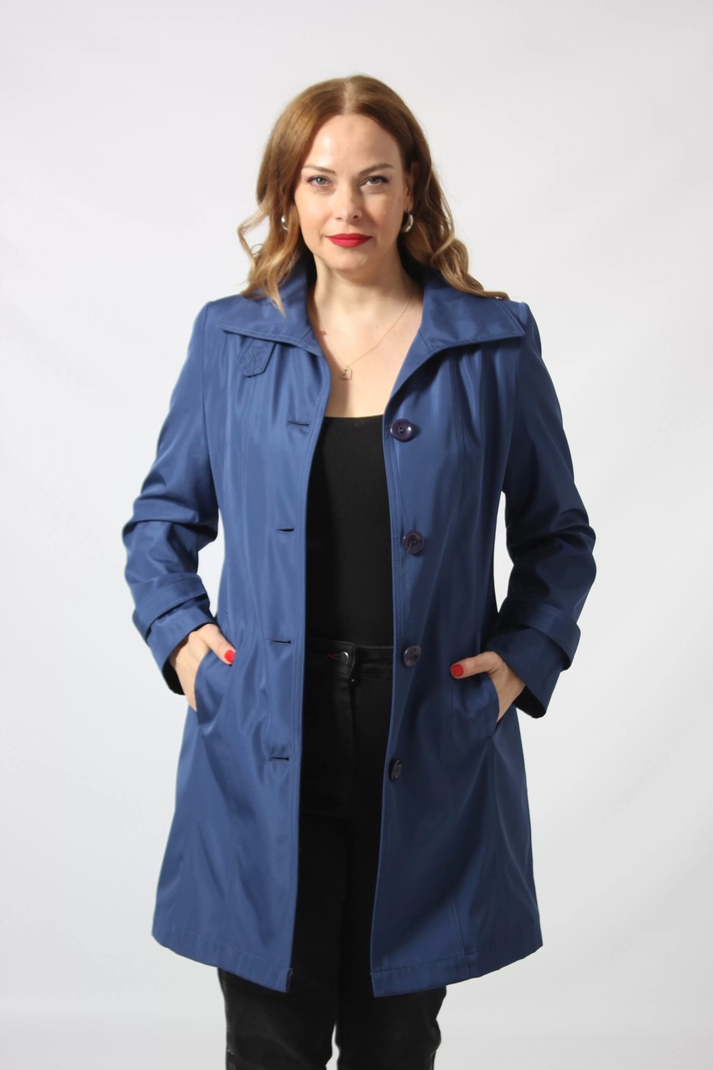 Moda Berray 1671 Kolu Düğme Detaylı Uzun Kapişonlu Saks Büyük Beden Kadın Ceket görsel 2