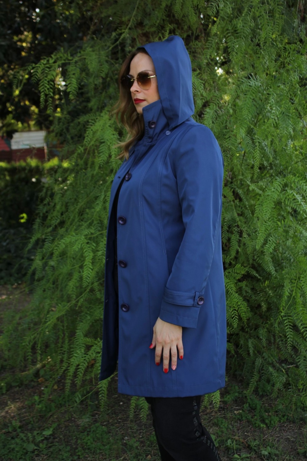 Moda Berray 1671 Kolu Düğme Detaylı Uzun Kapişonlu Saks Büyük Beden Kadın Ceket görsel 3