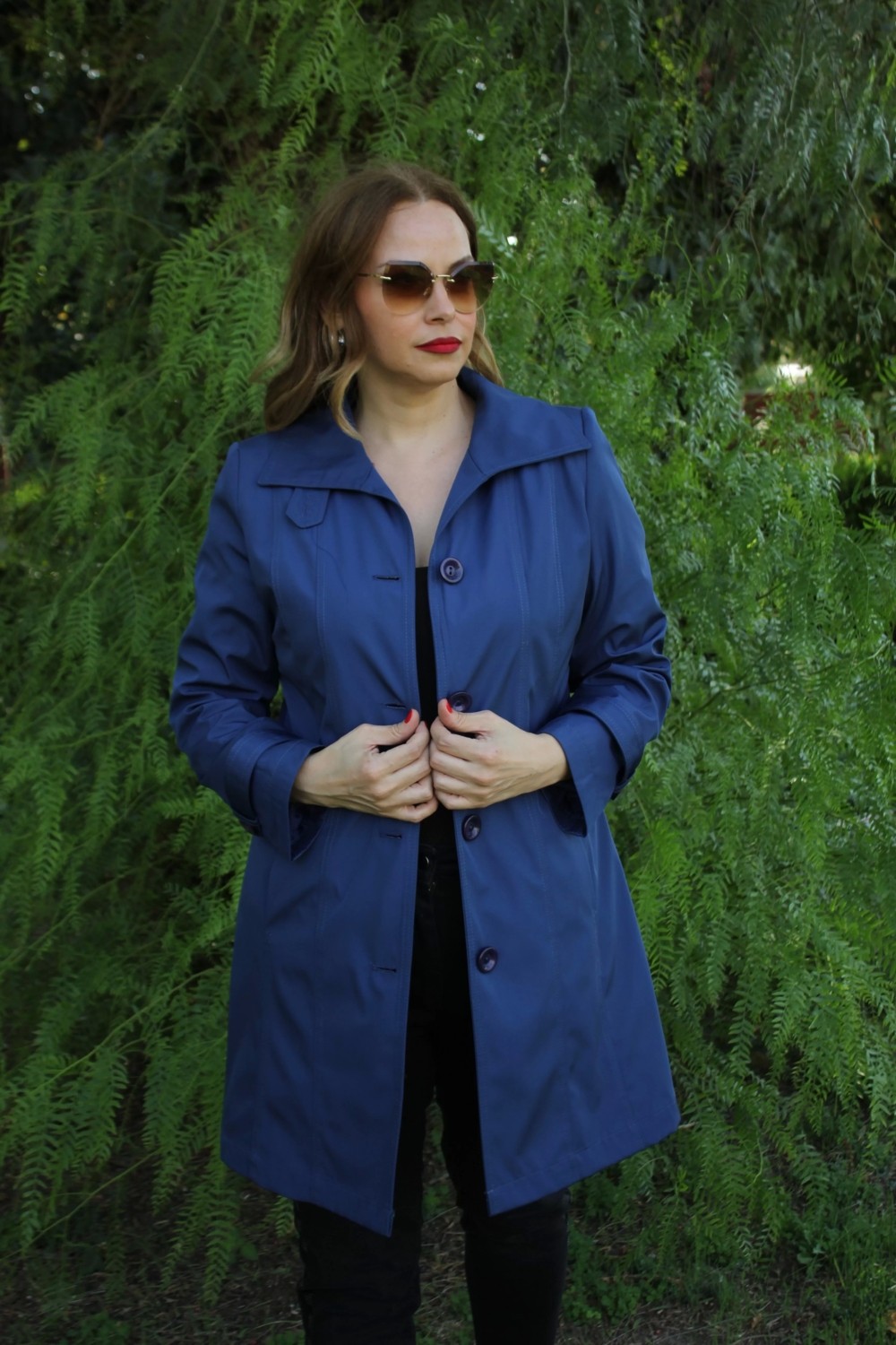 Moda Berray 1671 Kolu Düğme Detaylı Uzun Kapişonlu Saks Büyük Beden Kadın Ceket görsel 4