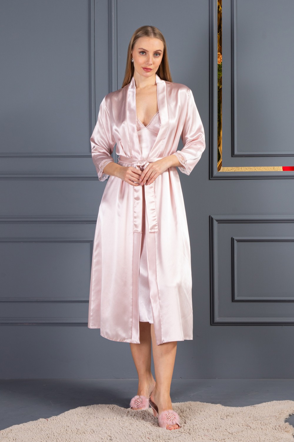 Lunoche Nightwear Kadın Güpür Dantel ve Sırt Detaylı Uzun Saten Çeyizlik Ikili Gecelik Sabahlık Takımı görsel 2