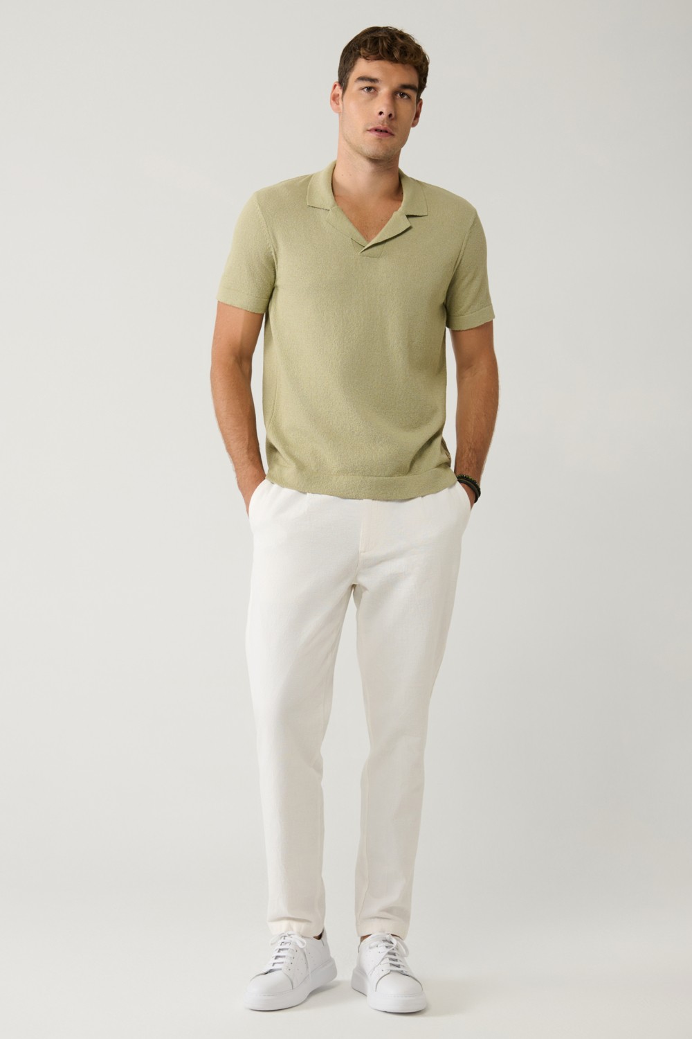 AVVA Erkek Kırık Beyaz Beli Bağcıklı Keten Karışımlı Chino Relaxed Fit Pantolon B003036