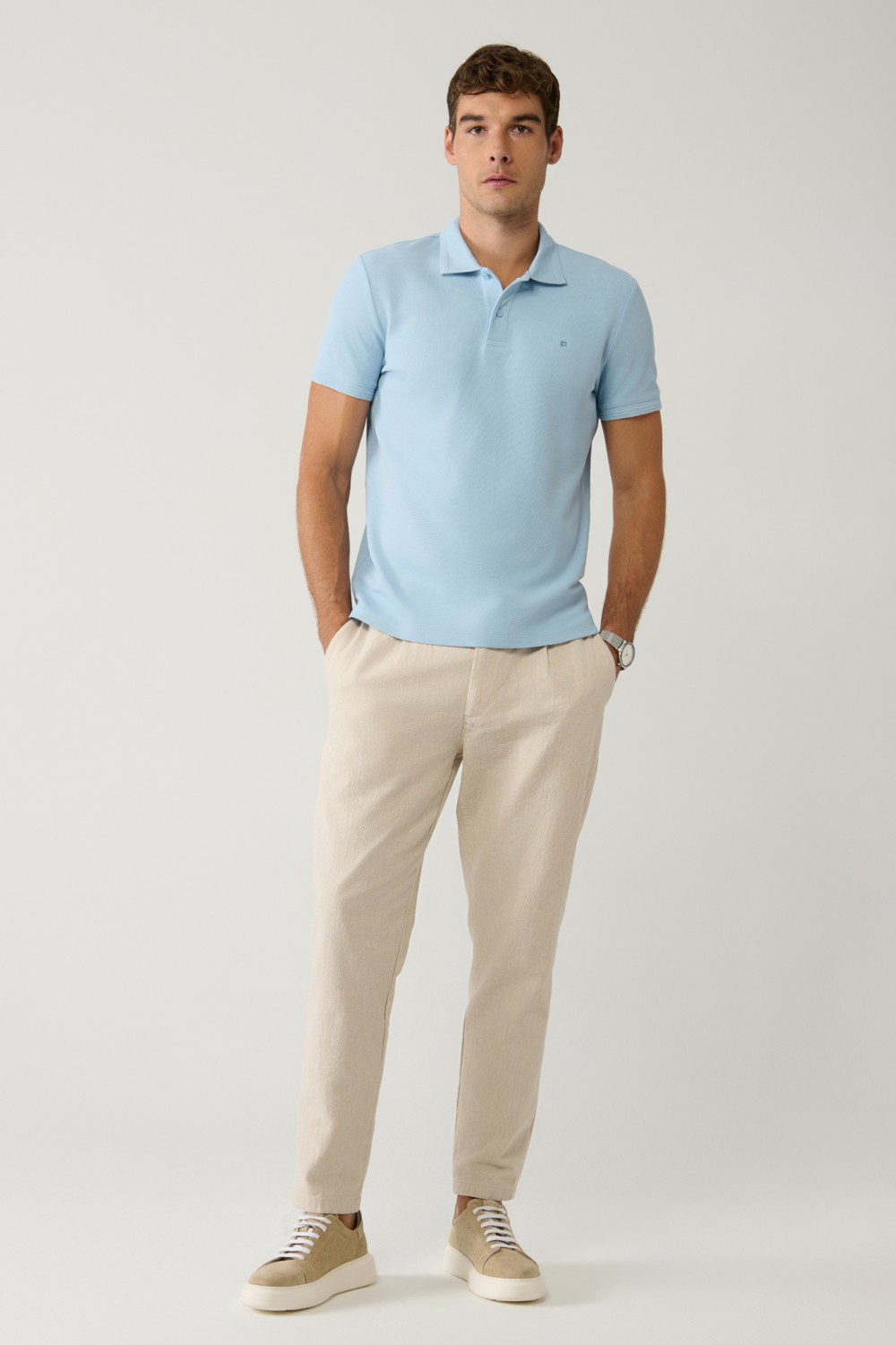 AVVA Erkek Kırık Beyaz Beli Bağcıklı Keten Karışımlı Chino Relaxed Fit Pantolon B003036