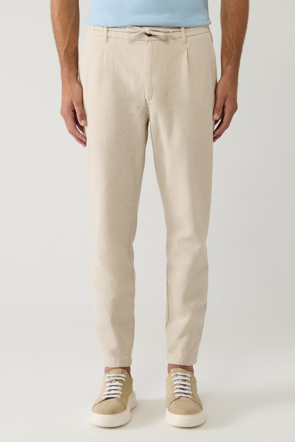 AVVA Erkek Kırık Beyaz Beli Bağcıklı Keten Karışımlı Chino Relaxed Fit Pantolon B003036 görsel 2