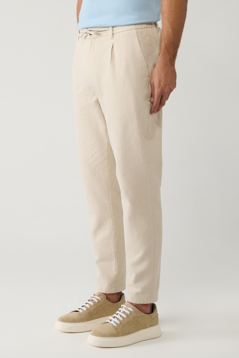 AVVA Erkek Kırık Beyaz Beli Bağcıklı Keten Karışımlı Chino Relaxed Fit Pantolon B003036 görsel 3
