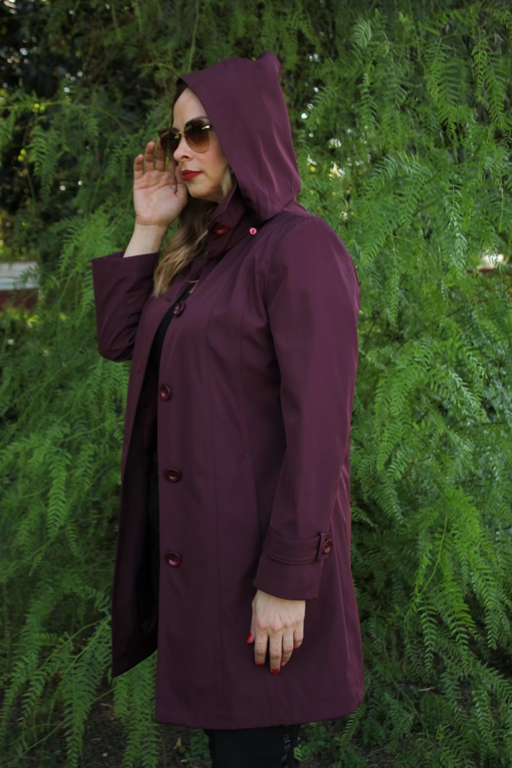 Moda Berray 1671 Kolu Düğme Detaylı Uzun Kapişonlu Mürdüm Büyük Beden Kadın Ceket görsel 4