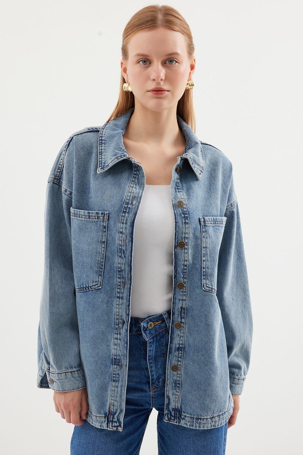 Bigdart Çift Cepli Oversize Denim Ceket Kadın 100% Pamuk Lacivert Renkli Şık Tasarım görsel 7