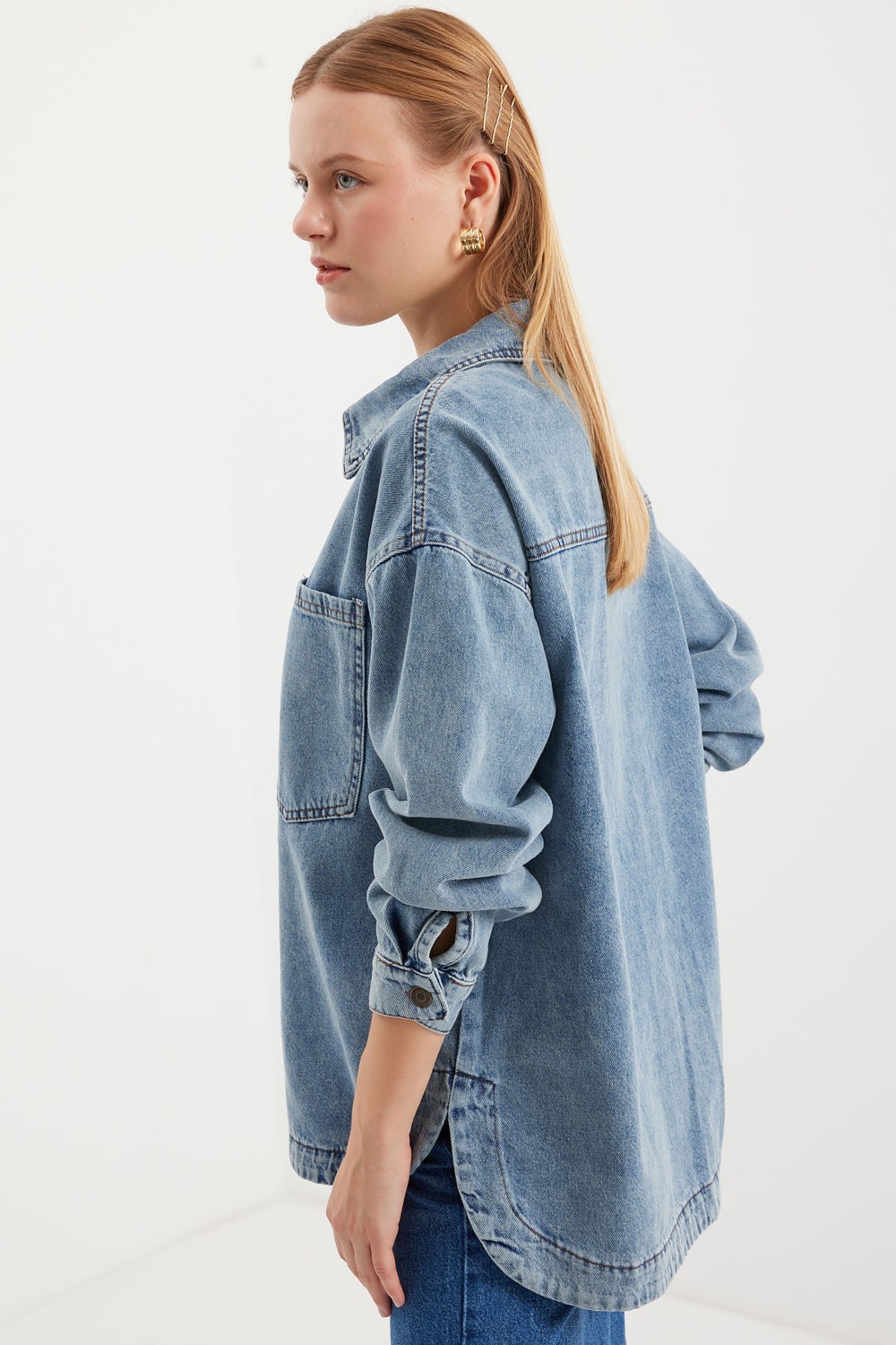 Bigdart Çift Cepli Oversize Denim Ceket Kadın 100% Pamuk Lacivert Renkli Şık Tasarım görsel 8