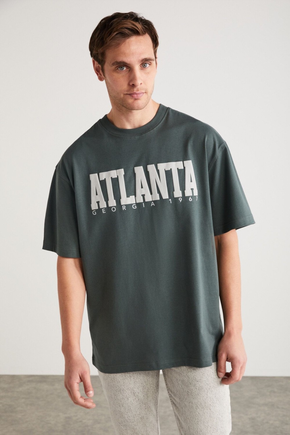 Grimelange Atlanta Erkek %100 Pamuklu Kısa Kollu Baskı Detaylı Lacivert T-Shirt