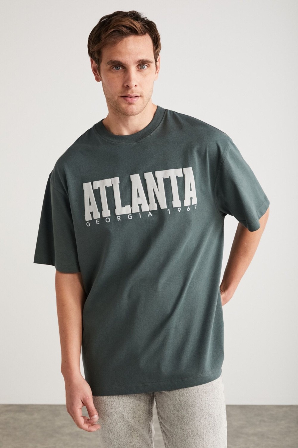 Grimelange Atlanta Erkek %100 Pamuklu Kısa Kollu Baskı Detaylı Lacivert T-Shirt görsel 3