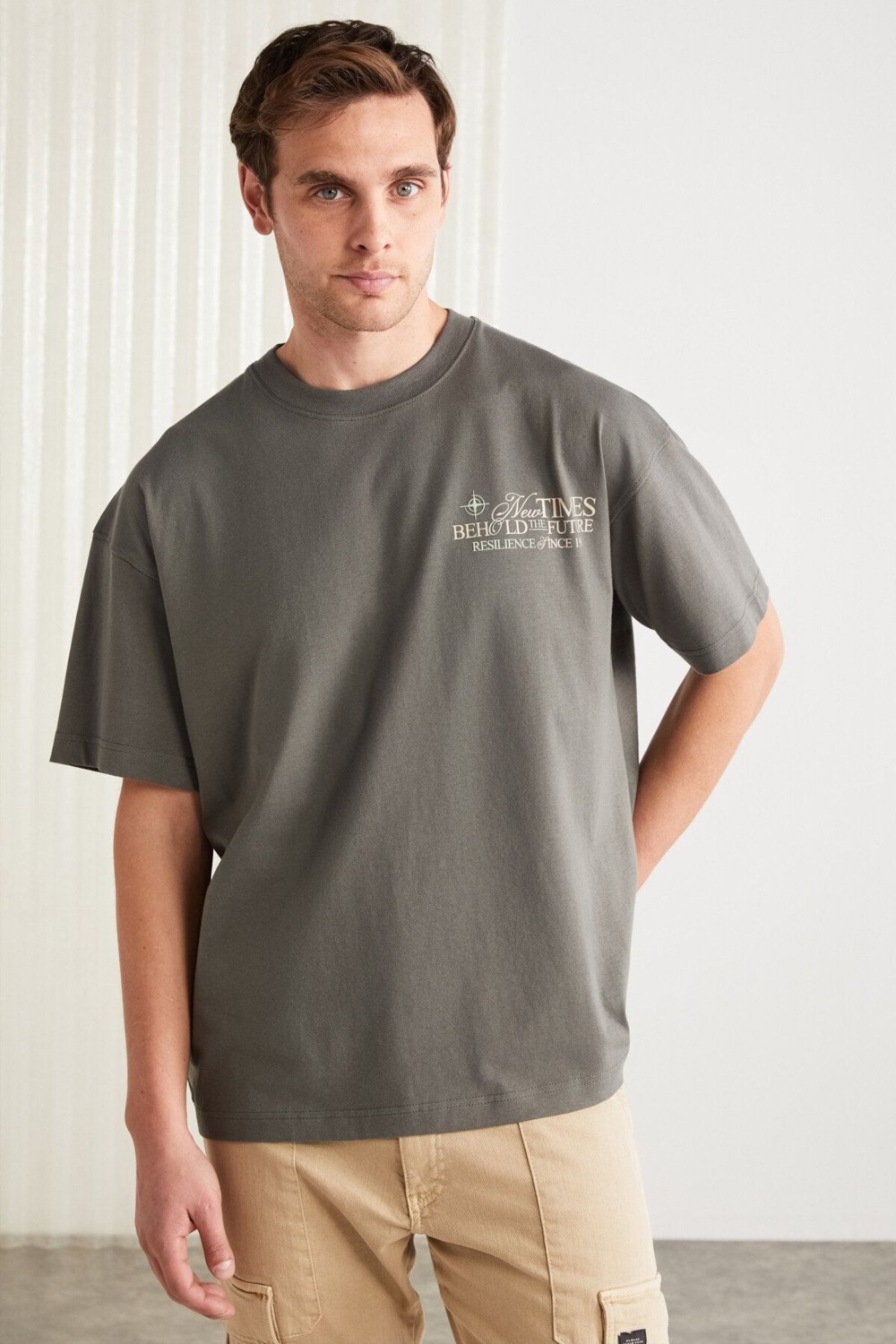 Grimelange Colıbrı Erkek Ön Arka Baskı Detaylı Oversize Kısa Kollu Bisiklet Yaka Organik Pamuklu Gri T-shirt görsel 3