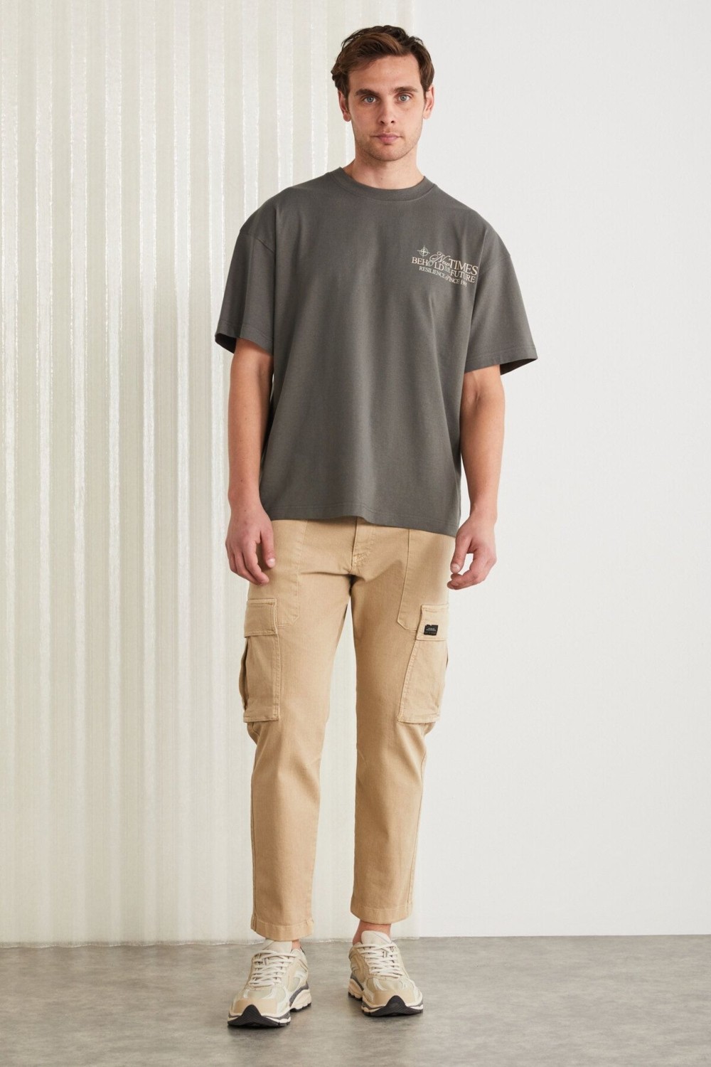 Grimelange Colıbrı Erkek Ön Arka Baskı Detaylı Oversize Kısa Kollu Bisiklet Yaka Organik Pamuklu Gri T-shirt görsel 5
