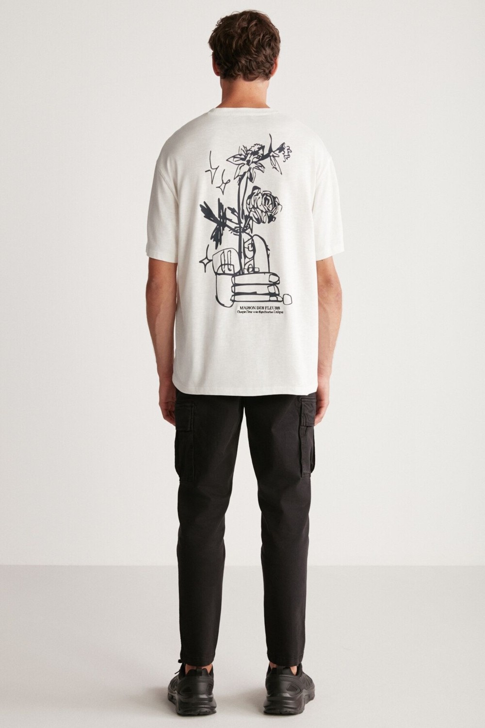 Grimelange Alonzo Erkek Oversize Fit %100 Pamuk Nakışlı Ve Baskılı Ekru T-shirt görsel 7