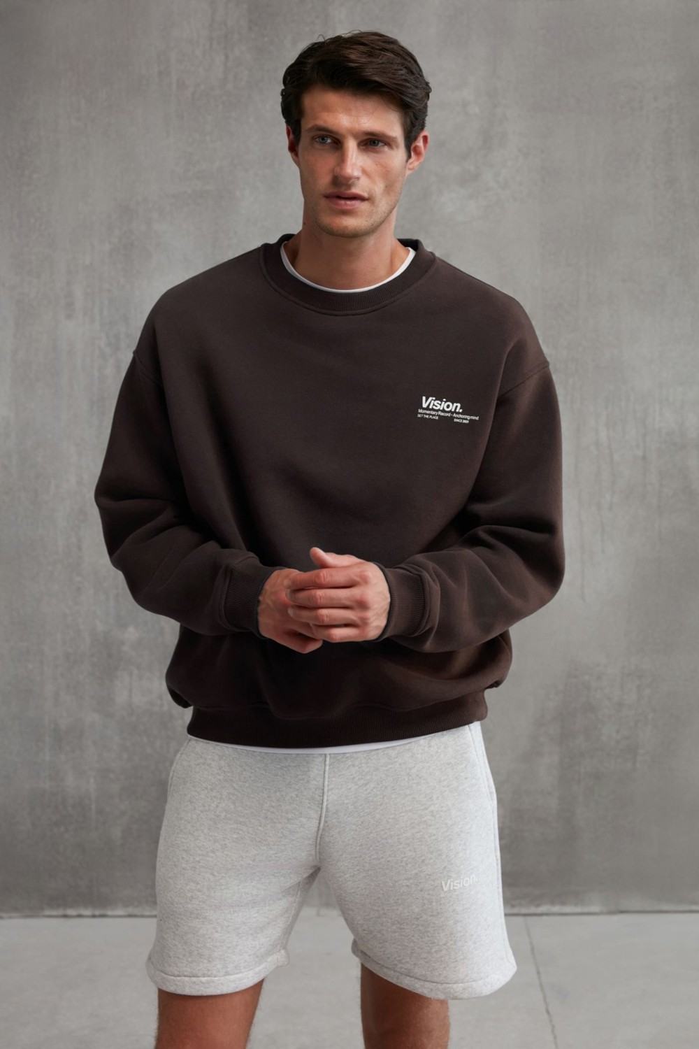 Grimelange Ernest Erkek Yumuşacık Kumaşlı Oversize Fit Yuvarlak Yakalı Baskılı Gri Sweatshirt