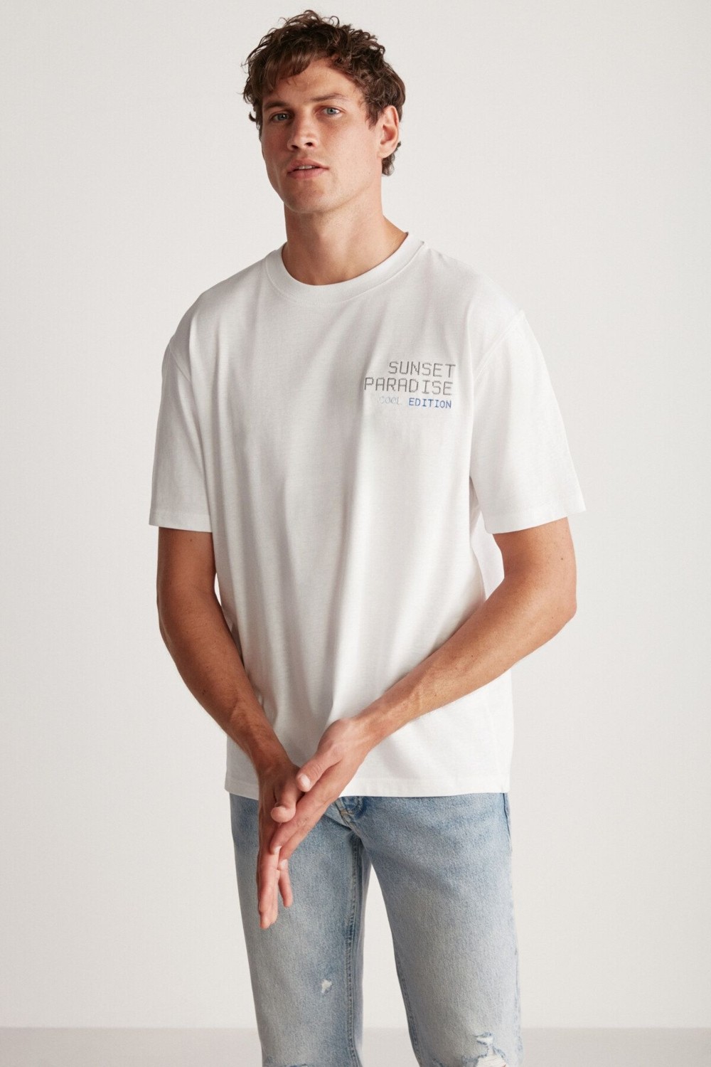 Grimelange Arnaldo Erkek Beyaz Regular T-shirt Kısa Kol Günlük Stil %100 Pamuk görsel 2