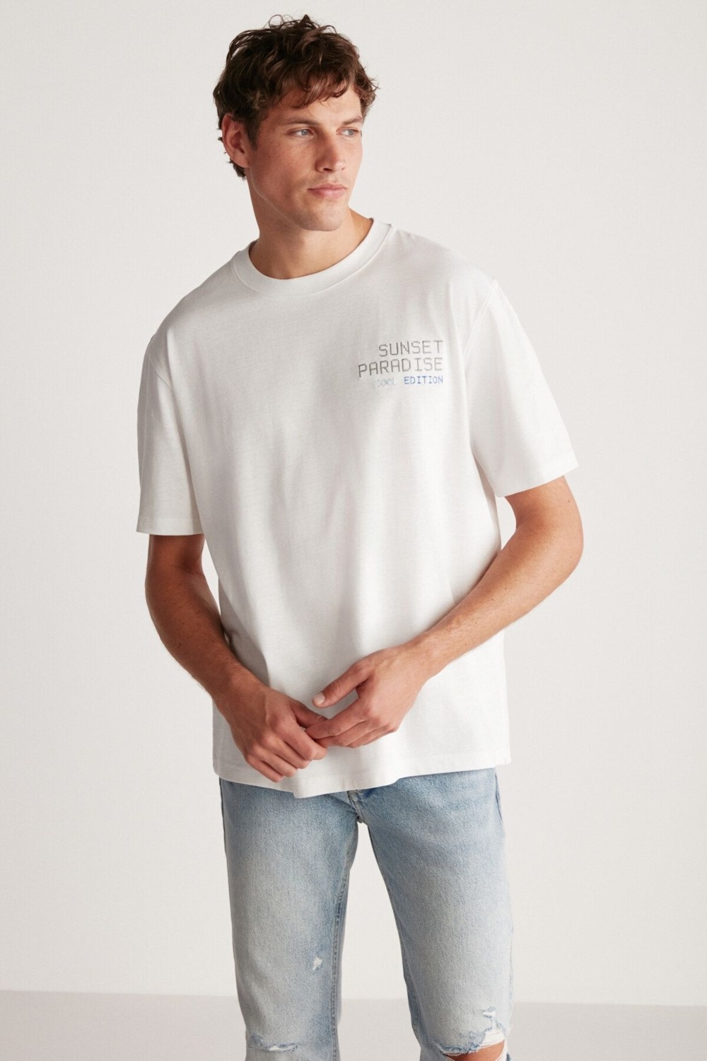 Grimelange Arnaldo Erkek Beyaz Regular T-shirt Kısa Kol Günlük Stil %100 Pamuk görsel 3
