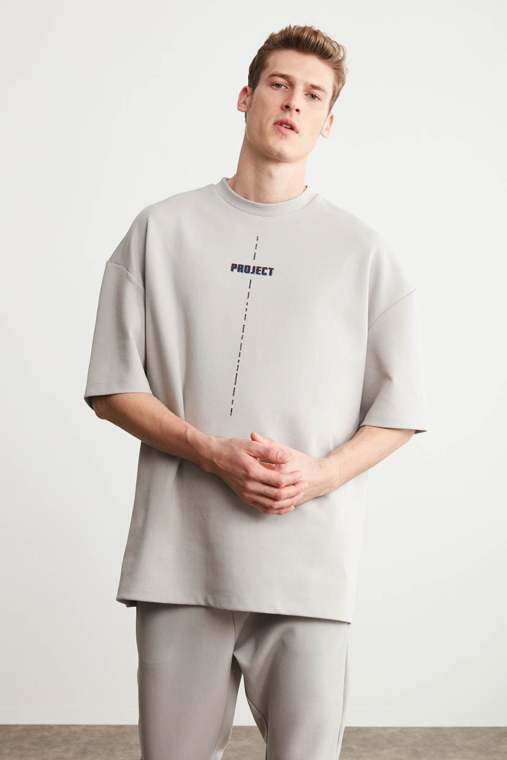 Grimelange Project Erkek Baskı Detaylı Oversize Fit %100 Organik Pamuk Örme Bisiklet Yaka Örme Beyaz T-shirt