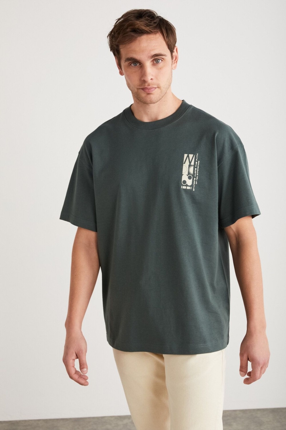 Grimelange Antonıo Erkek Baskı Detaylı %100 Organik Pamuk Örme Oversize Yeşil T-shirt