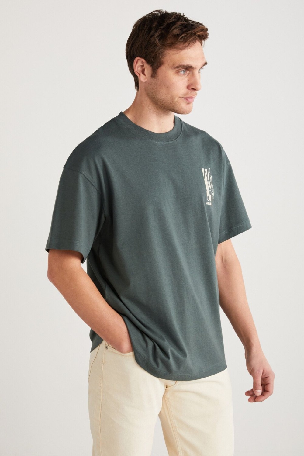 Grimelange Antonıo Erkek Baskı Detaylı %100 Organik Pamuk Örme Oversize Yeşil T-shirt görsel 2