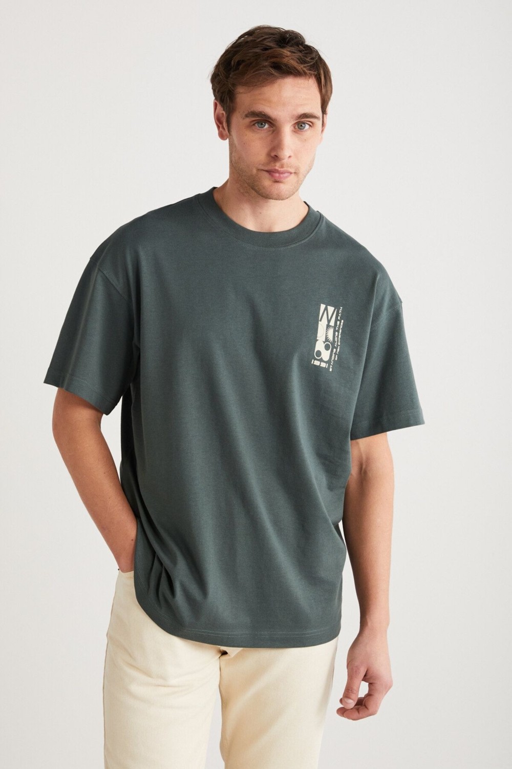 Grimelange Antonıo Erkek Baskı Detaylı %100 Organik Pamuk Örme Oversize Yeşil T-shirt görsel 3