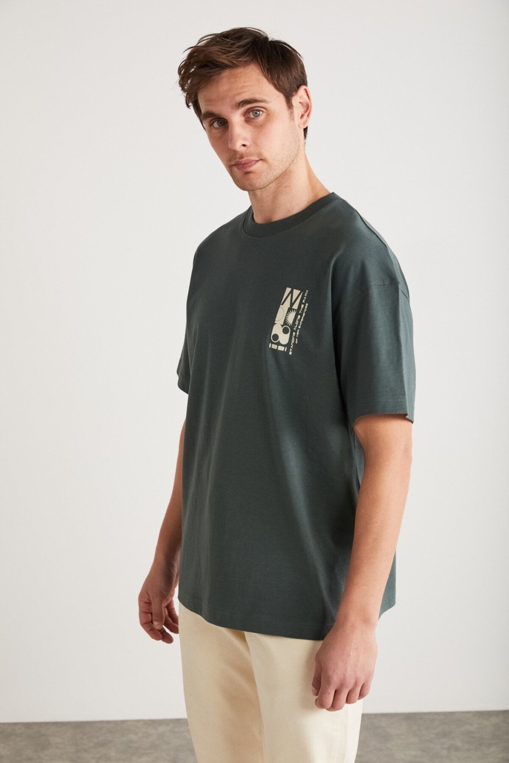 Grimelange Antonıo Erkek Baskı Detaylı %100 Organik Pamuk Örme Oversize Yeşil T-shirt görsel 4