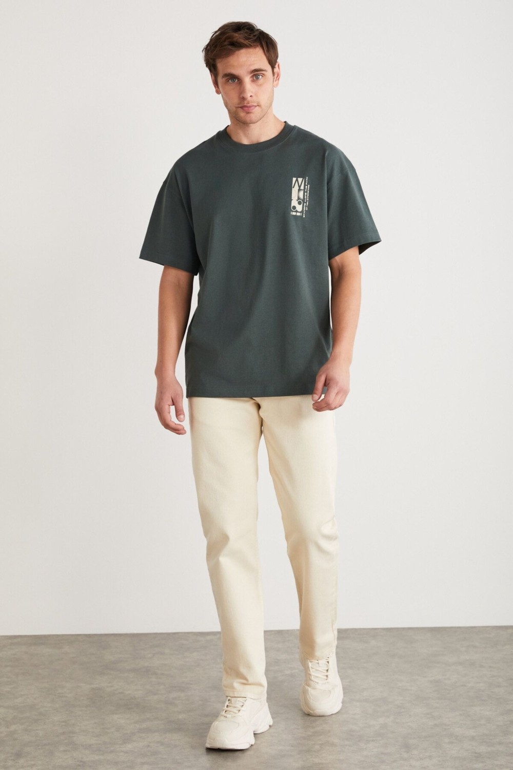Grimelange Antonıo Erkek Baskı Detaylı %100 Organik Pamuk Örme Oversize Yeşil T-shirt görsel 5