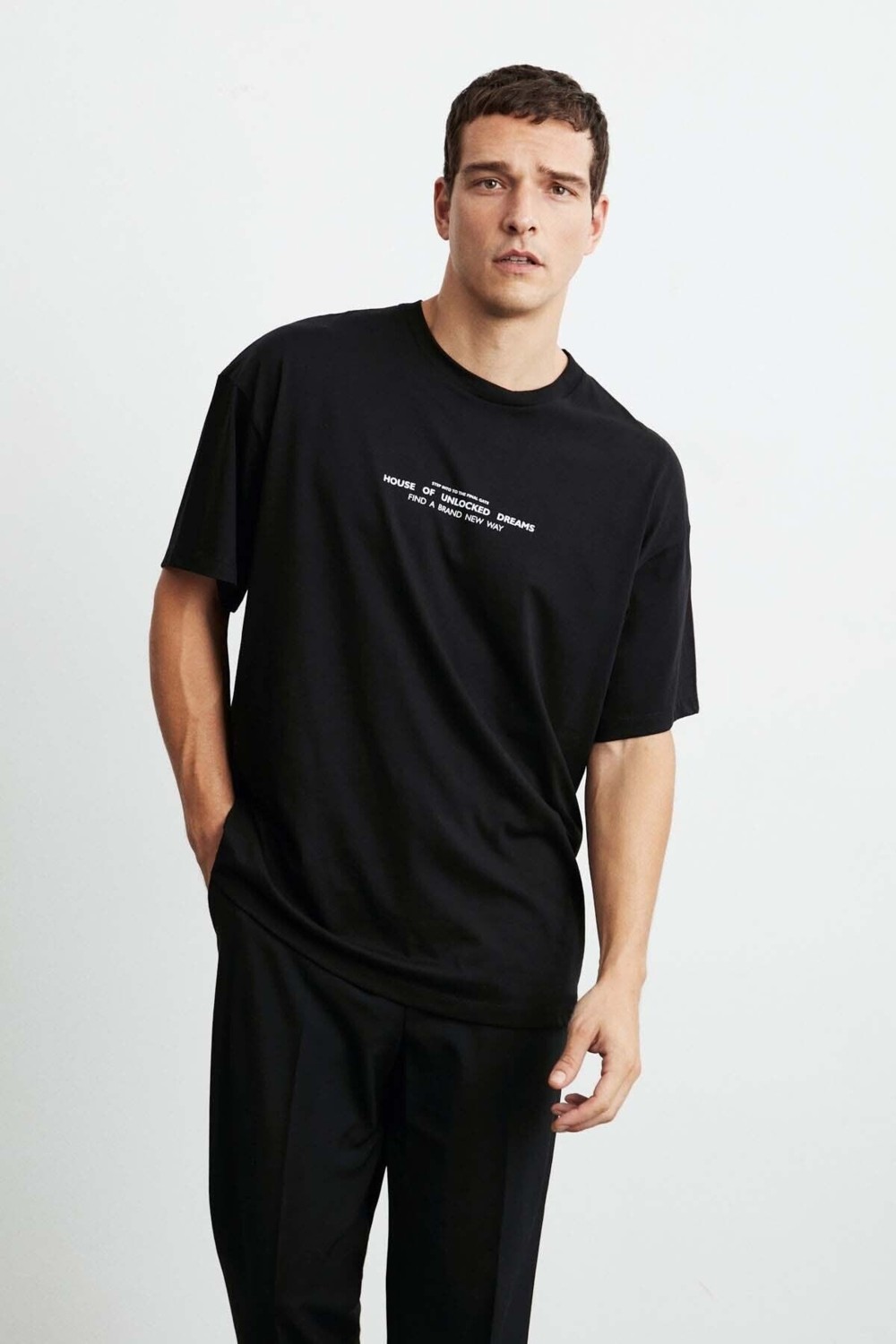 Grimelange Frank Erkek Kalın Dokulu Baskı Detaylı Oversize &100 Organik Pamuklu Siyah T-shirt