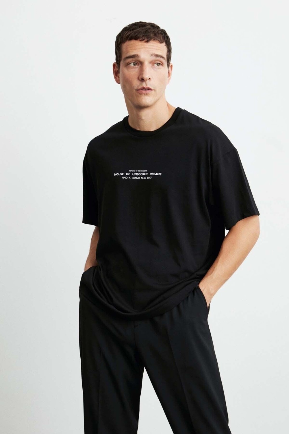 Grimelange Frank Erkek Kalın Dokulu Baskı Detaylı Oversize &100 Organik Pamuklu Siyah T-shirt görsel 6