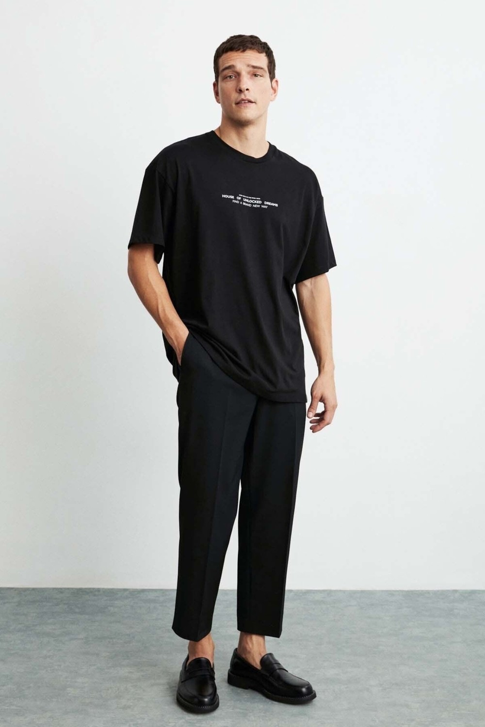 Grimelange Frank Erkek Kalın Dokulu Baskı Detaylı Oversize &100 Organik Pamuklu Siyah T-shirt görsel 7
