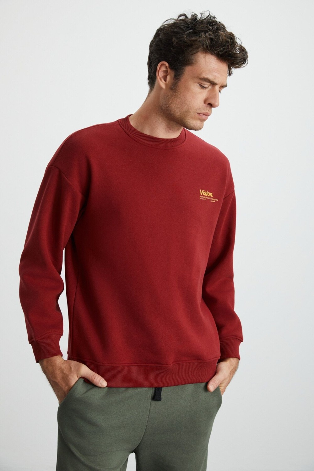 Grimelange Ernest Erkek Yumuşacık Kumaşlı Oversize Fit Yuvarlak Yakalı Baskılı Gri Sweatshirt
