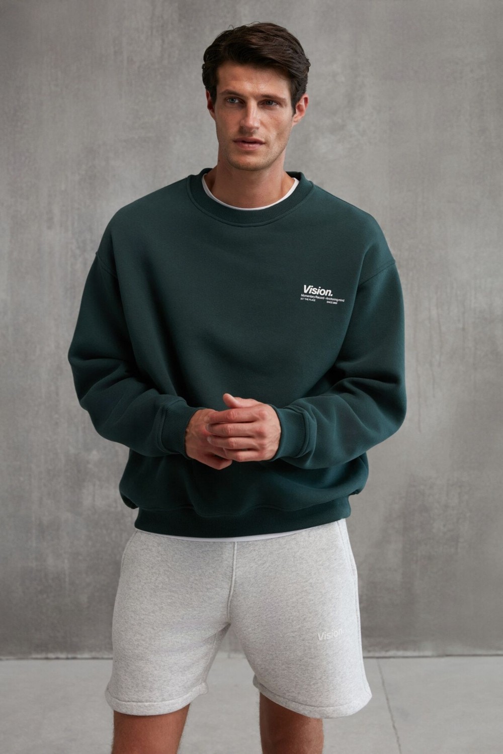 Grimelange Ernest Erkek Yumuşacık Kumaşlı Oversize Fit Yuvarlak Yakalı Baskılı Gri Sweatshirt