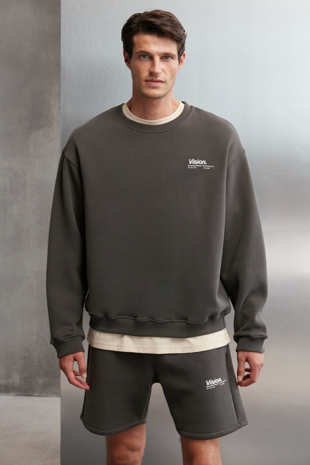 Grimelange Ernest Erkek Yumuşacık Kumaşlı Oversize Fit Yuvarlak Yakalı Baskılı Gri Sweatshirt