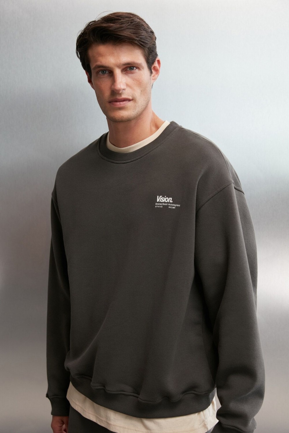 Grimelange Ernest Erkek Yumuşacık Kumaşlı Oversize Fit Yuvarlak Yakalı Baskılı Gri Sweatshirt görsel 5