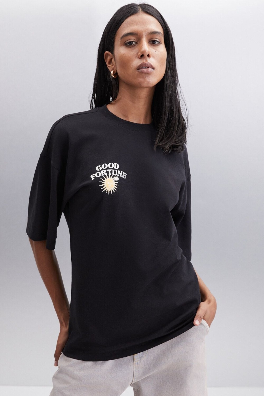 Ethiquet ENYA Kadın Baskı Detaylı Oversize Fit Bol Kesim Bisiklet Yakalı %100 Organik Pamuklu Siyah T-Shirt
