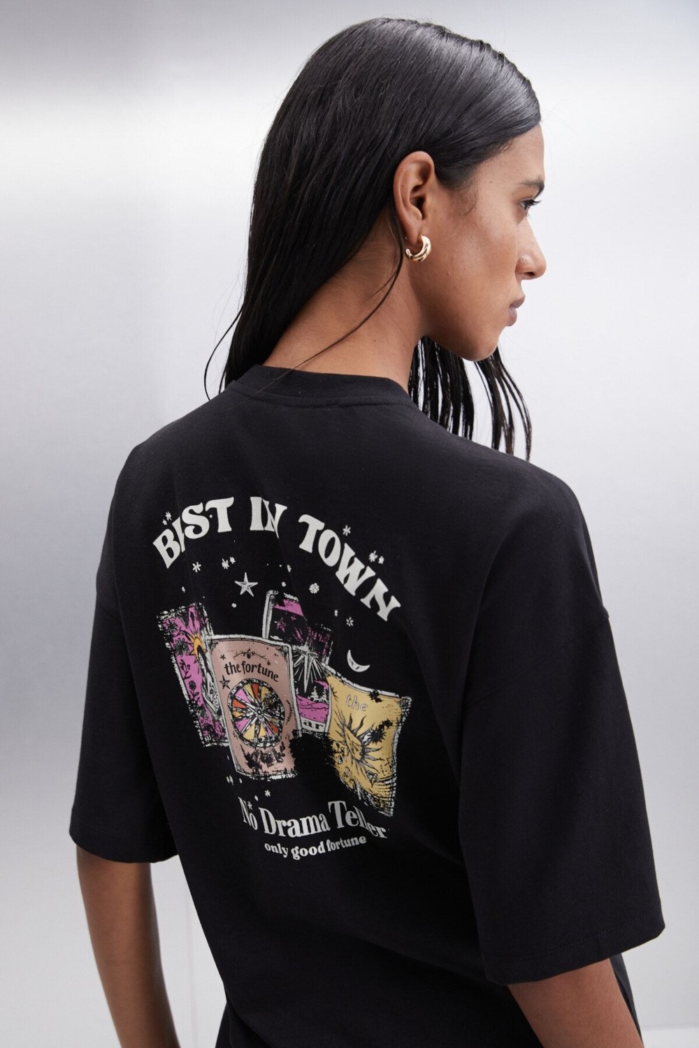 Ethiquet ENYA Kadın Baskı Detaylı Oversize Fit Bol Kesim Bisiklet Yakalı %100 Organik Pamuklu Siyah T-Shirt görsel 2