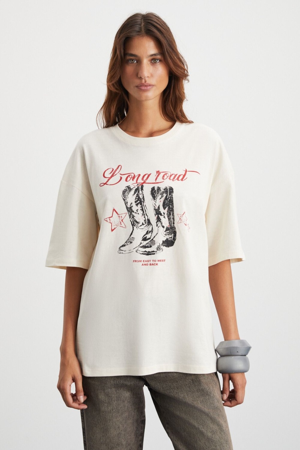 Grimelange Majer Kadın %100 Organik Pamuklu Western Tema Baskılı Regular Fit Krem T-shirt görsel 4