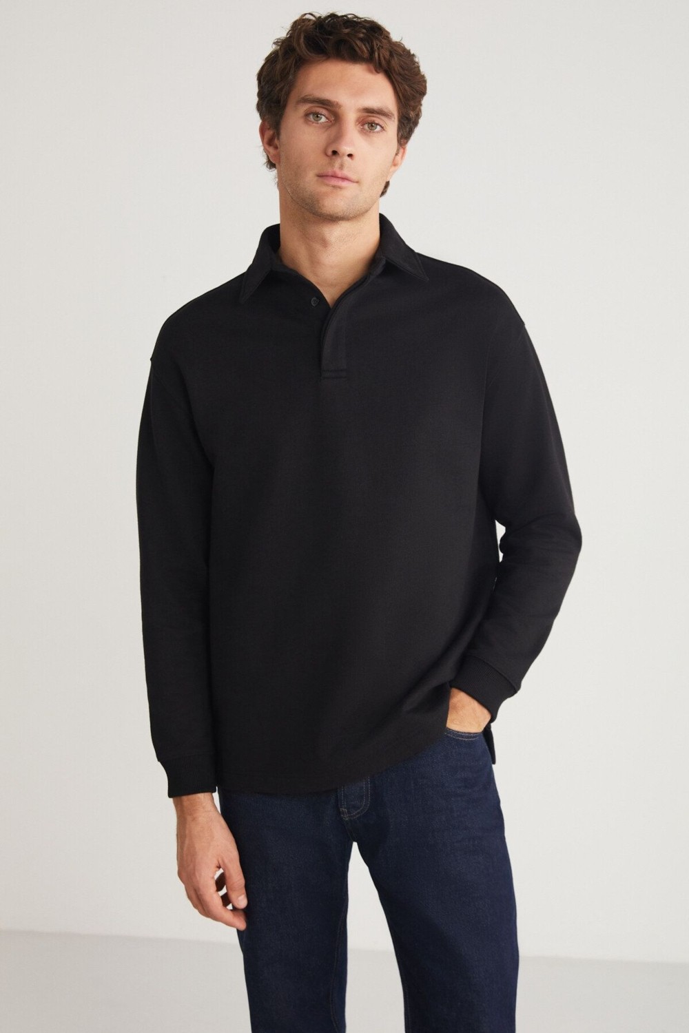 Grimelange JOHN Erkek Polo Sweat Gömlek Yakalı Arkası Uzun Yırtmaçlı Diagonel Kumaşlı Siyah Sweatshirt görsel 8