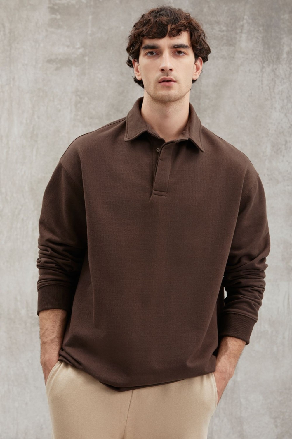 Grimelange JOHN Erkek Polo Sweat Gömlek Yakalı Arkası Uzun Yırtmaçlı Diagonel Kumaşlı Siyah Sweatshirt