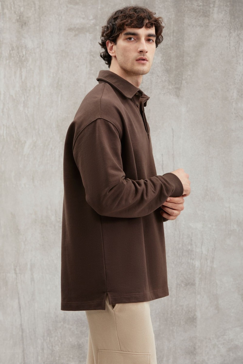 Grimelange JOHN Erkek Polo Sweat Gömlek Yakalı Arkası Uzun Yırtmaçlı Diagonel Kumaşlı Siyah Sweatshirt görsel 4