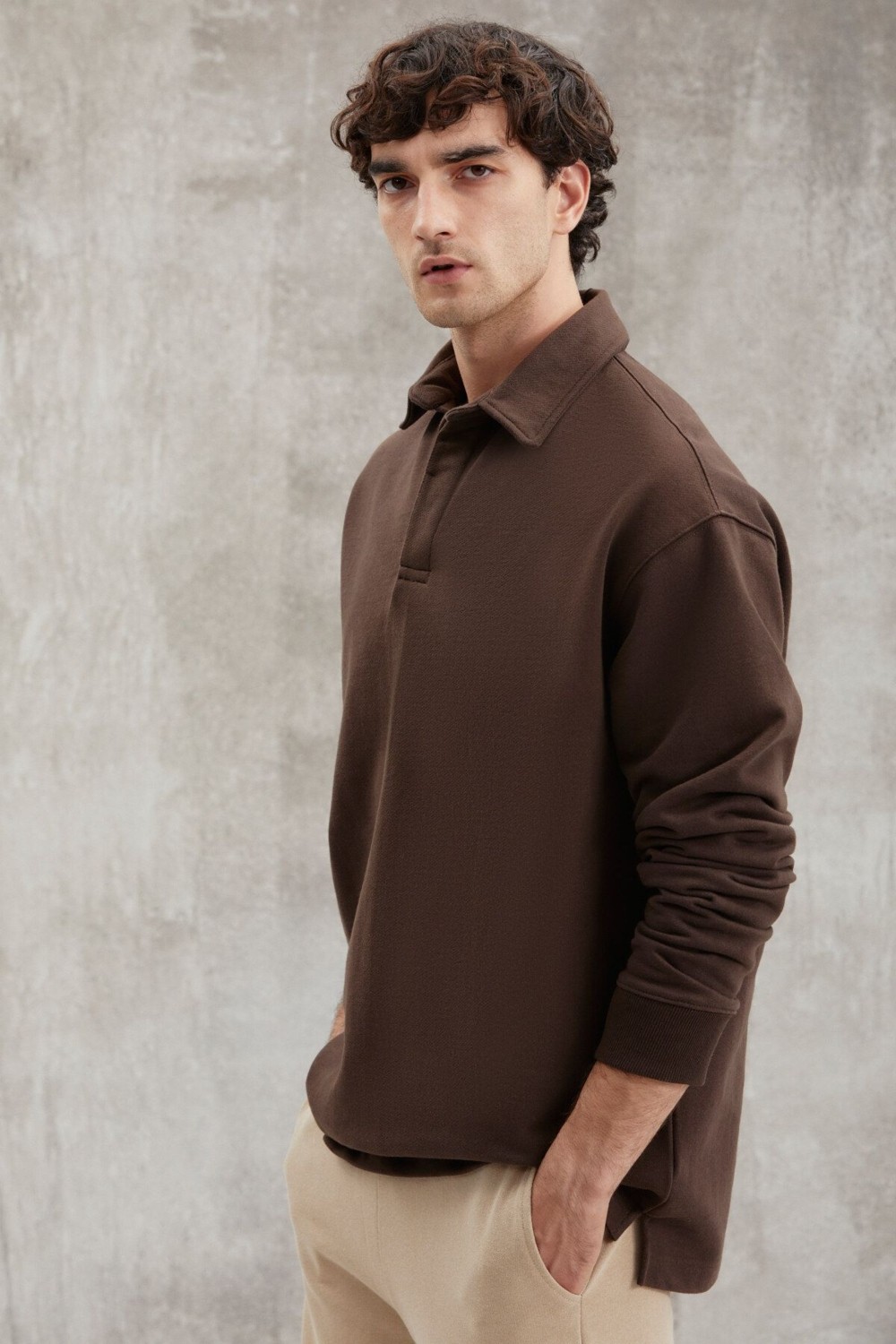 Grimelange JOHN Erkek Polo Sweat Gömlek Yakalı Arkası Uzun Yırtmaçlı Diagonel Kumaşlı Siyah Sweatshirt görsel 5