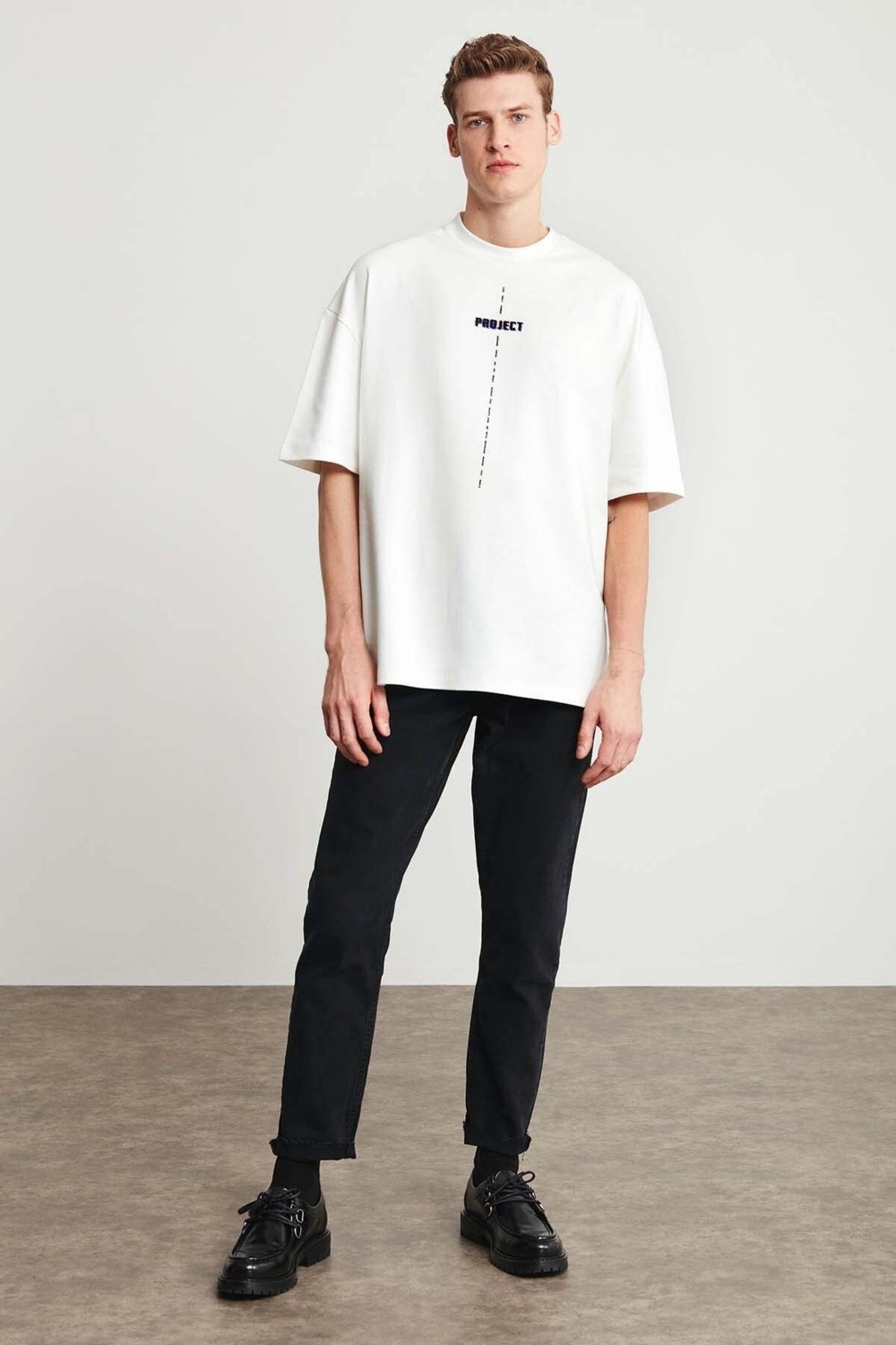 Grimelange Project Erkek Baskı Detaylı Oversize Fit %100 Organik Pamuk Örme Bisiklet Yaka Örme Beyaz T-shirt görsel 3