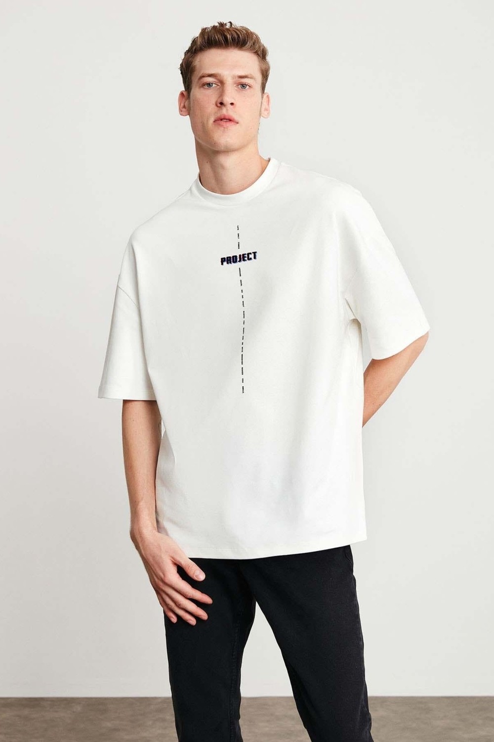 Grimelange Project Erkek Baskı Detaylı Oversize Fit %100 Organik Pamuk Örme Bisiklet Yaka Örme Beyaz T-shirt görsel 5