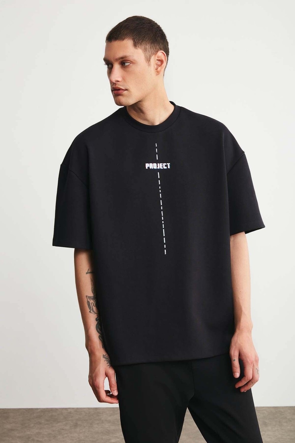 Grimelange Project Erkek Baskı Detaylı Oversize Fit %100 Organik Pamuk Örme Bisiklet Yaka Örme Beyaz T-shirt