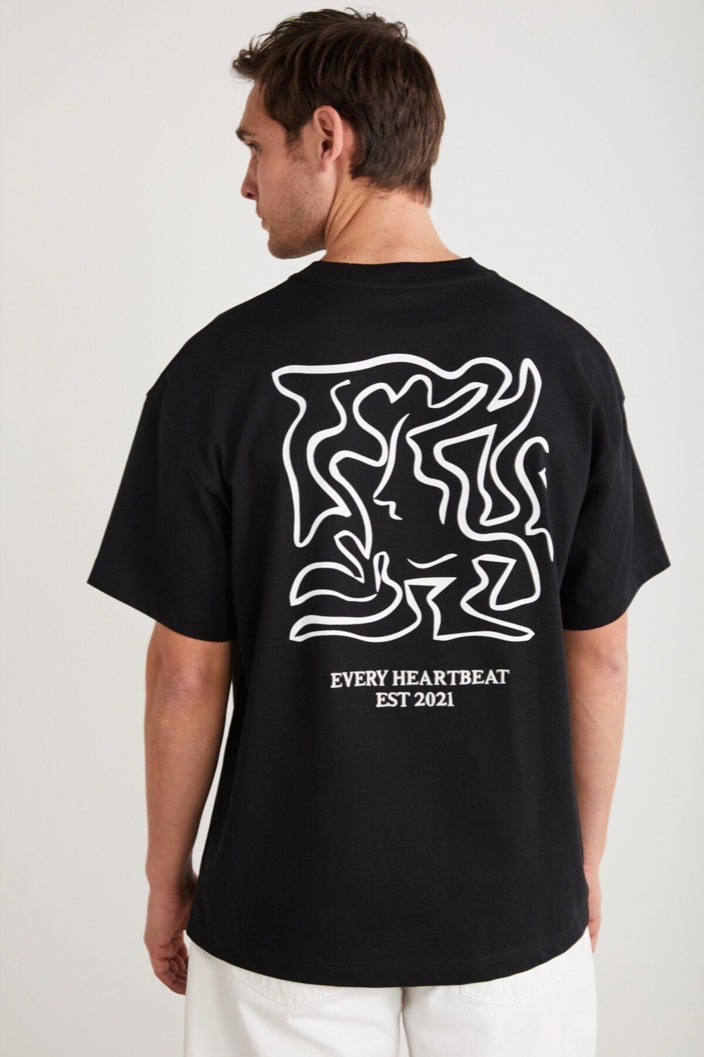 Grimelange RICO Erkek %100 Pamuklu Önü Ve Arkası Baskılı Bisiklet Yaka Kısa Kollu Oversize Siyah T-Shirt