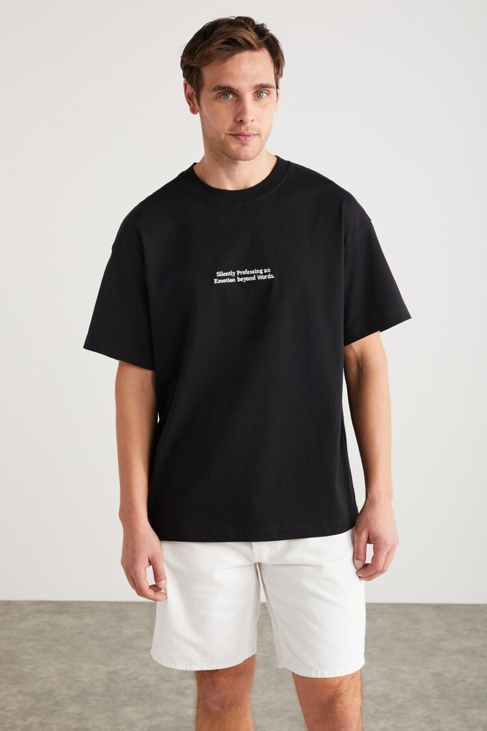 Grimelange RICO Erkek %100 Pamuklu Önü Ve Arkası Baskılı Bisiklet Yaka Kısa Kollu Oversize Siyah T-Shirt görsel 3