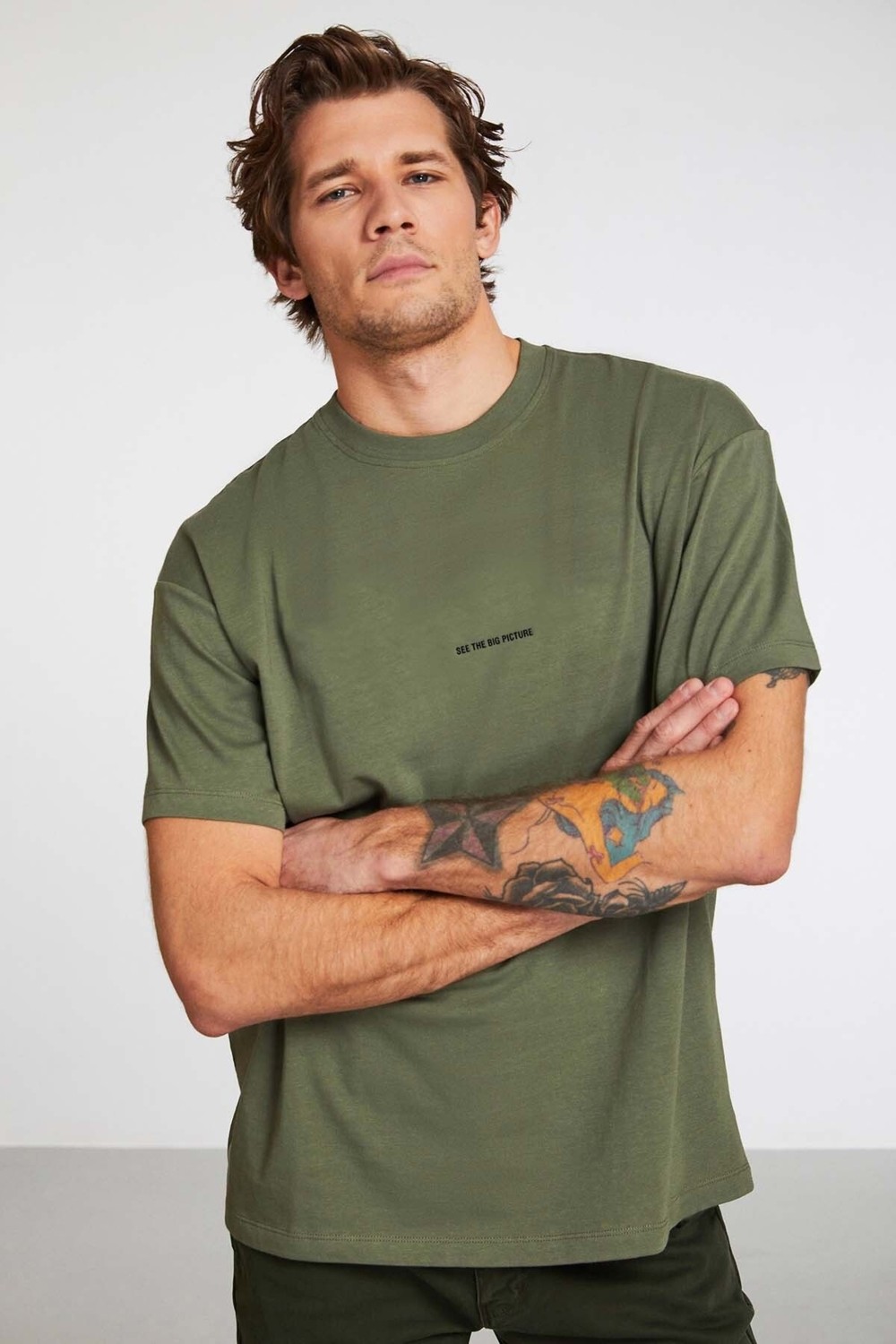 Grimelange Rıver Erkek Nakış Işlemeli Oversize %100 Organik Pamuk Örme Haki T-shirt