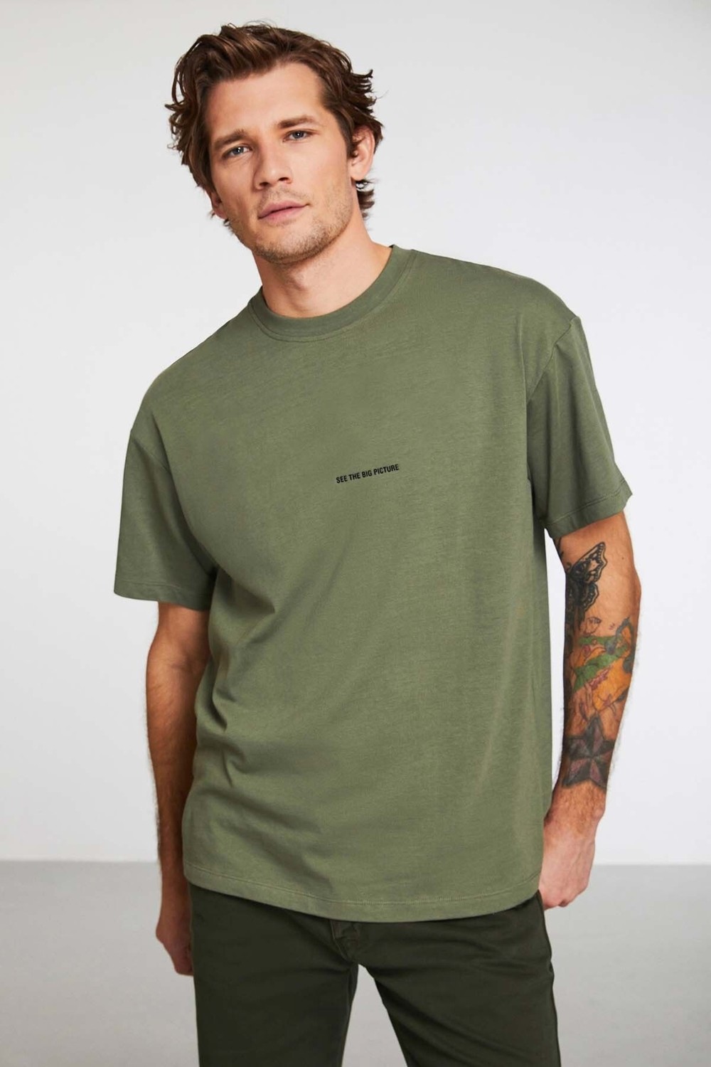 Grimelange Rıver Erkek Nakış Işlemeli Oversize %100 Organik Pamuk Örme Haki T-shirt görsel 3